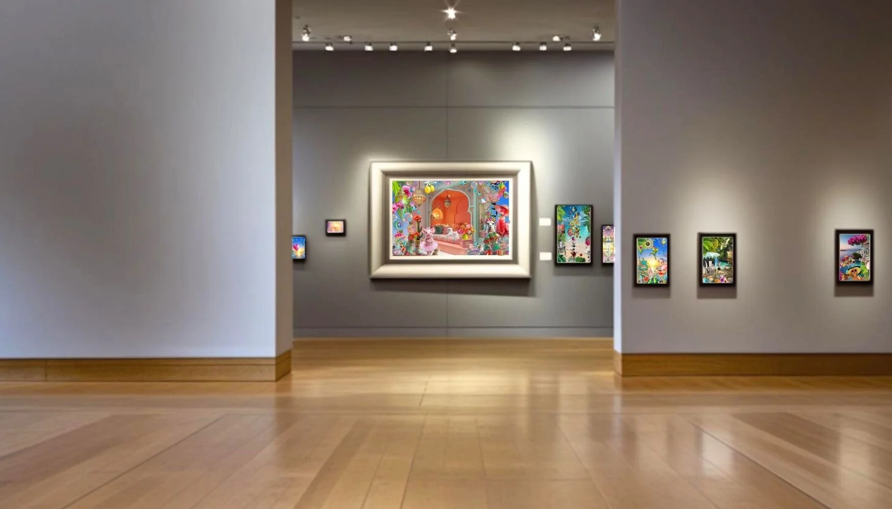 Art gallery with framed colorful, whimsical digital illustrations by Anastasia Kaesbach displayed on gray walls and wooden floors.
