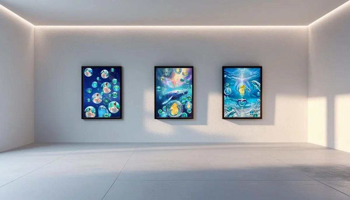 Three framed digital paintings by Anastasia Kaesbach of underwater scenes hung on a white wall in a modern, minimalist room with integrated ceiling lighting.