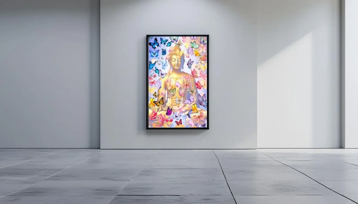 Digital artwork by © Anastasia Kaesbach of a golden Buddha statue surrounded by colorful butterflies on a futuristic display screen.