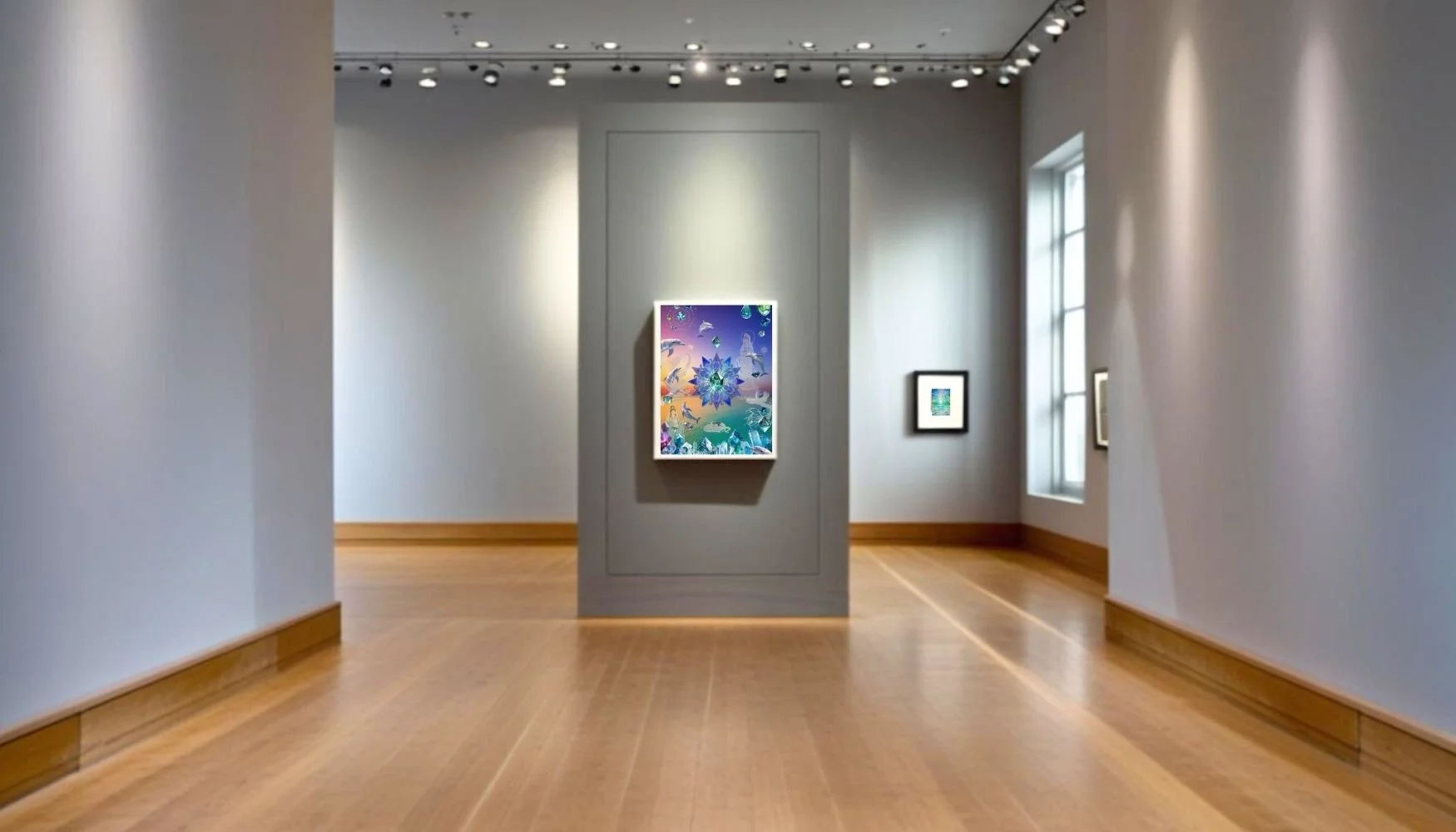 An art gallery with paintings displayed by Anastasia Kaesbach on white walls, featuring a colorful abstract artwork in the center, illuminated by ceiling spotlights and natural light from large windows.