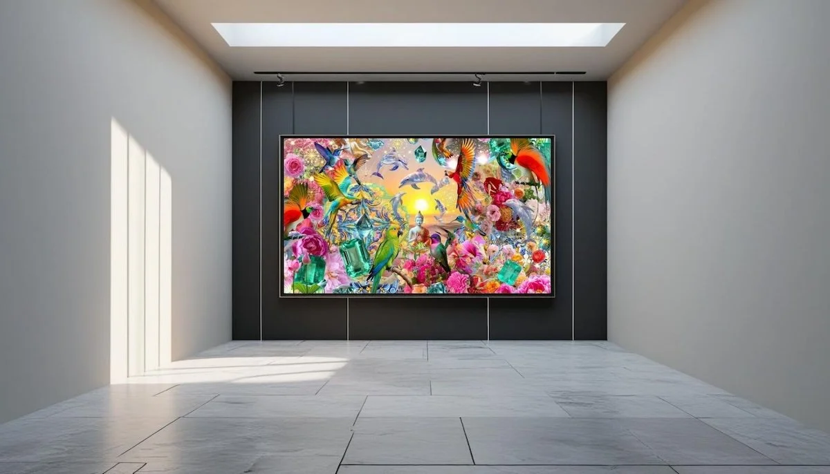 A large digital art piece by Anastasia Kaesbach depicting a colorful, fantastical scene with various birds and flowers, displayed on a wall in a modern minimalistic gallery with white walls and a marble floor.