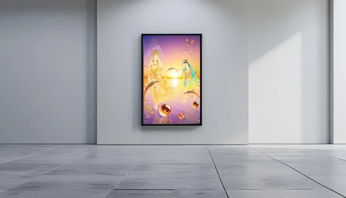 Anastasia Kaesbach digital artwork on a wall showing two deities in a celestial scene with dolphins and floating orbs, set against a sunset background.