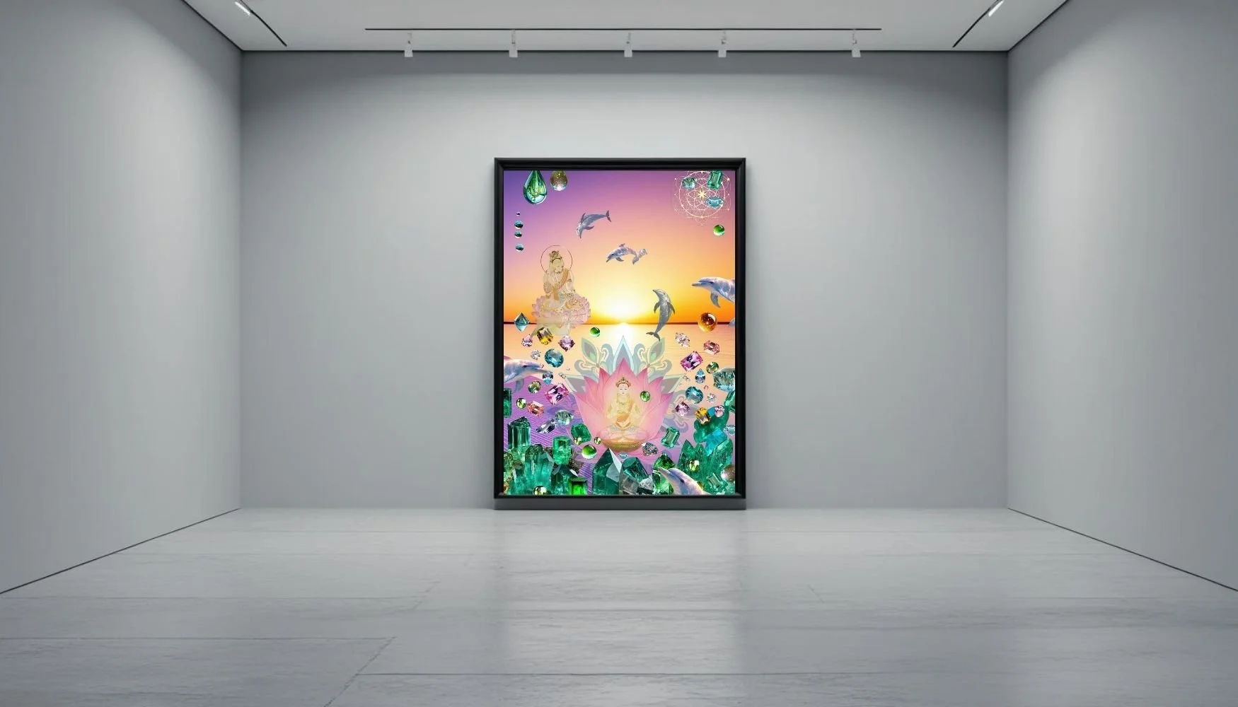 Digital artwork by Anastasia Kaesbach with dolphins, gemstones, colorful lotus, and a sunset over water, in a framed display on a white gallery wall.