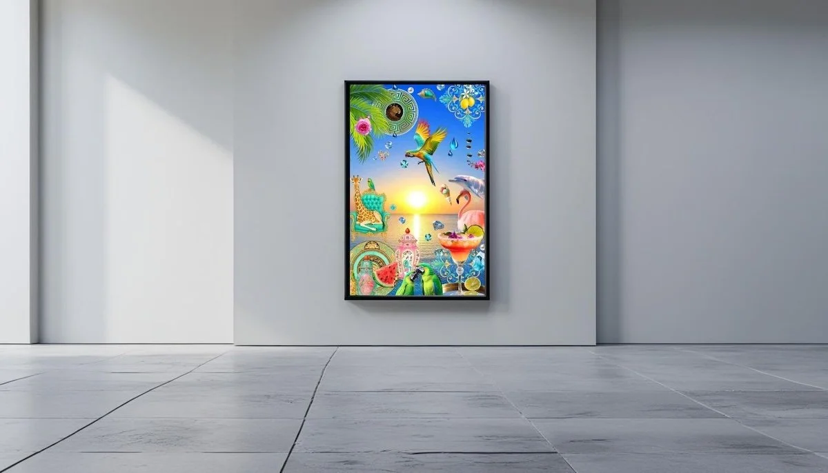 Colorful digital artwork by Anastasia Kaesbach on a wall displaying tropical and oceanic elements including a toucan, flamingo, watermelons, sea turtles, giraffe, and beach scene with a sunset.