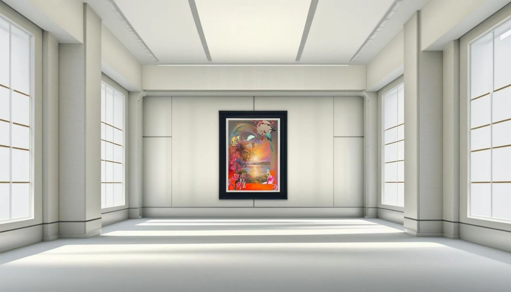 Anastasia Kaesbach art gallery room with white walls, large windows, and a colorful framed painting of a landscape with flowers, trees, and a sunset.