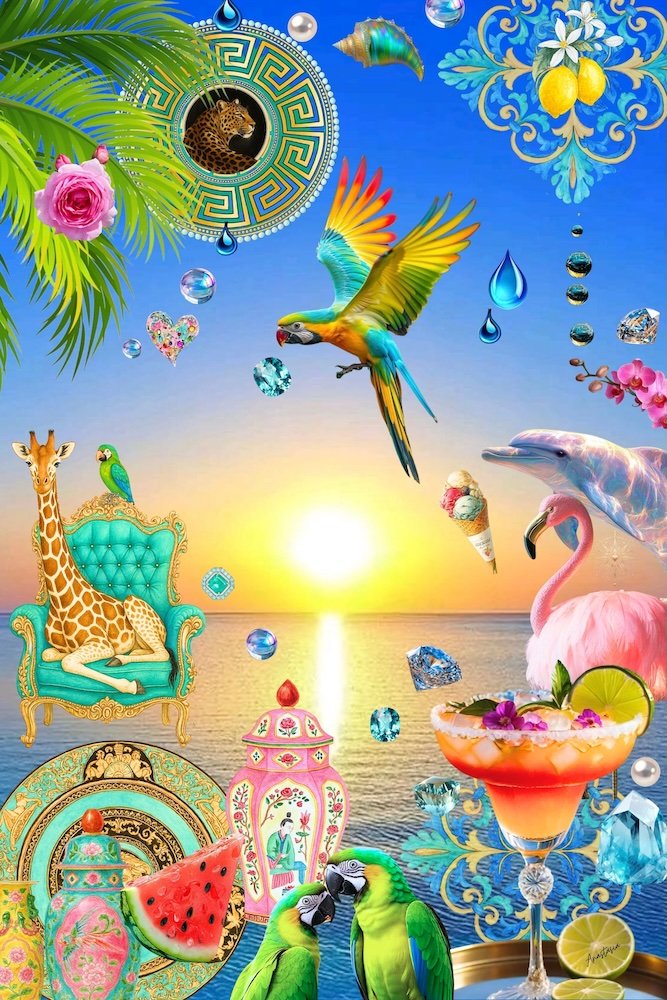 © Anastasia Kaesbach. Bunte tropische Szene mit Papageien, einer Giraffe, einem Flamingo, einem Leoparden in einem dekorativen Kreis, tropischen Blumen, Schmuck, einem Sonnenuntergang über dem Wasser und verschiedenen Desserts und Getränken.