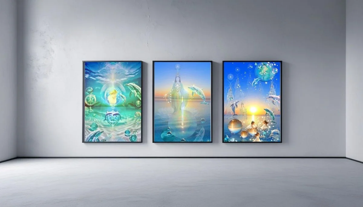 Three digital art prints  by Anastasia Kaesbach of ocean scenes with dolphins, shimmering water, and mythical figures displayed on a gallery wall.