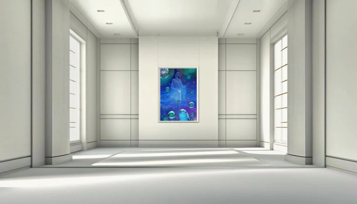 Art gallery room with white walls and large windows, featuring a colorful abstract painting by Anastasia Kaesbach on the center wall portraying a figure surrounded by blue and green bubbles.