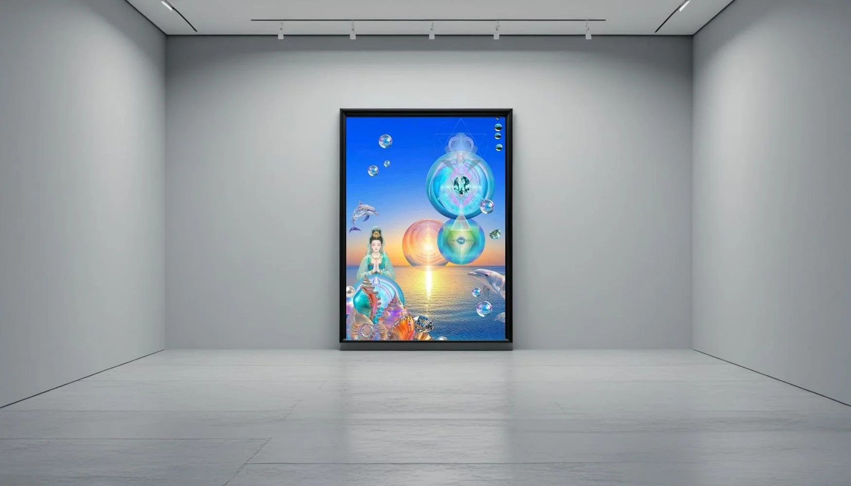 Anastasia Kaesbach digital artwork of a serene scene with a sunset over the ocean, featuring colorful, abstract figures and floating bubbles, displayed on a framed screen in a modern, minimalist gallery.