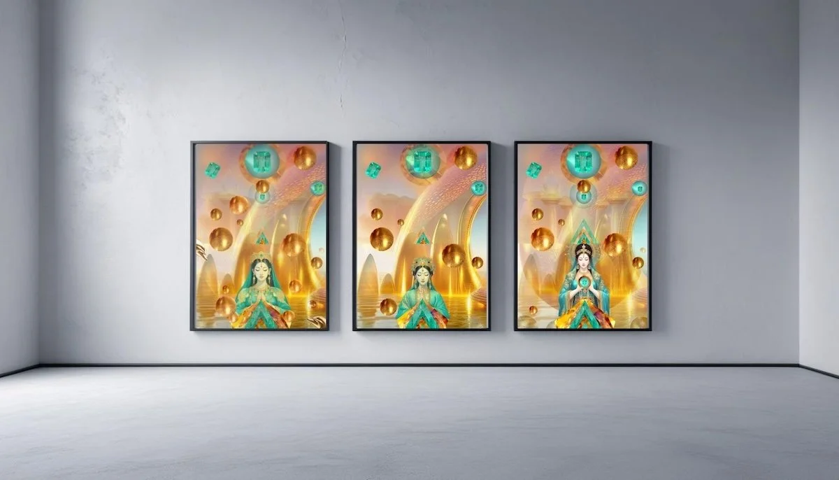 Three digital artworks from Anastasia Kaesbach depicting a woman with a serene expression, wearing ornate clothing and a crown, set against a futuristic background with floating golden spheres and abstract shapes.