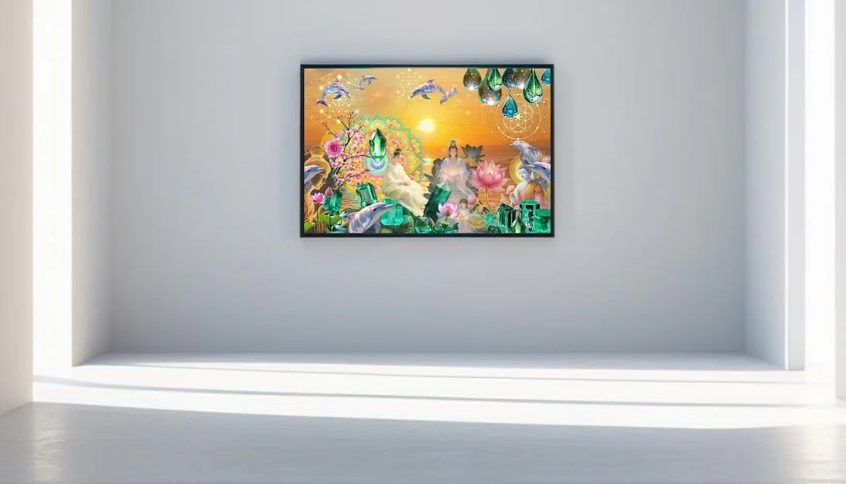 Anastasia Kaesbach digital artwork on a large screen featuring a fantasy scene with angelic figures, dolphins, butterflies, and a sunset backdrop with lotus flowers and green gemstones.
