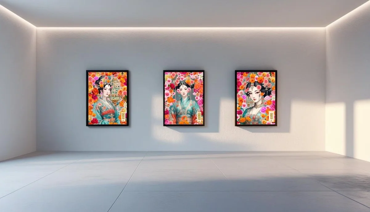 Three framed paintings  by © Anastasia Kaesbach of women dressed in traditional Asian attire, surrounded by colorful flowers, hanging on a white gallery wall with minimalistic decor.