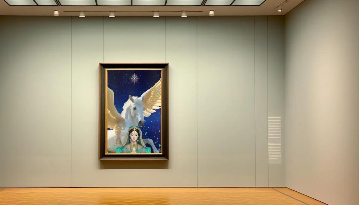 Anastasia Kaesbach exhibition.. A framed painting of a white horse with large wings and a woman with long dark hair, set against a night sky with stars and a bright star or sun