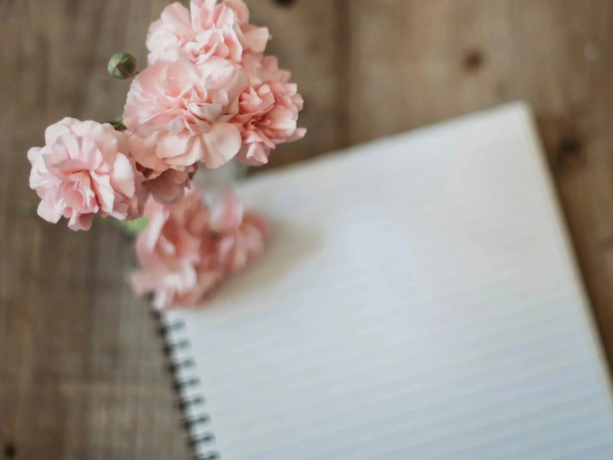 pink carnations in a vase next to an open lined notebook on a wooden surface