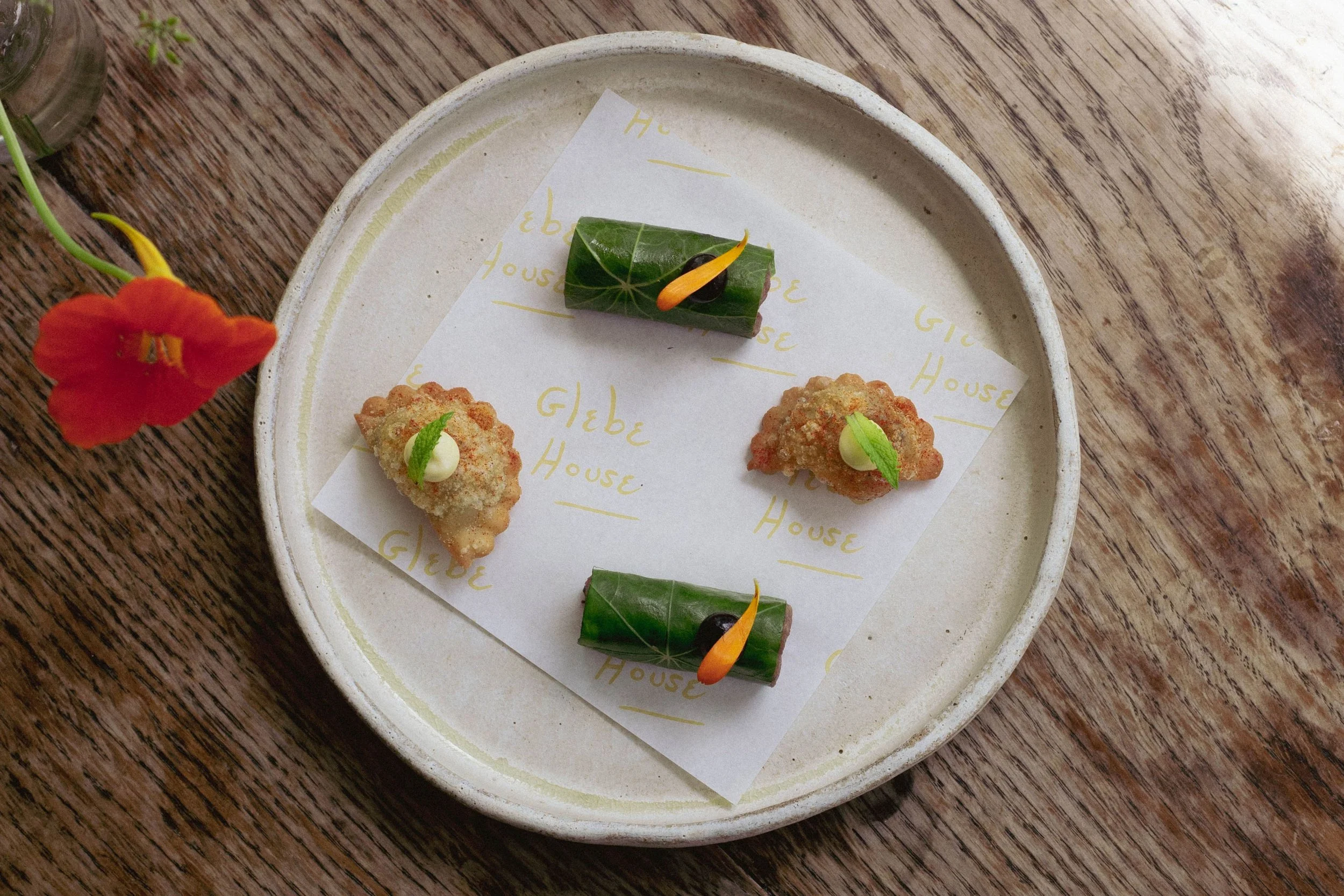 glebe-house-snacks-nasturtium-taco-and-barbajuan.jpg