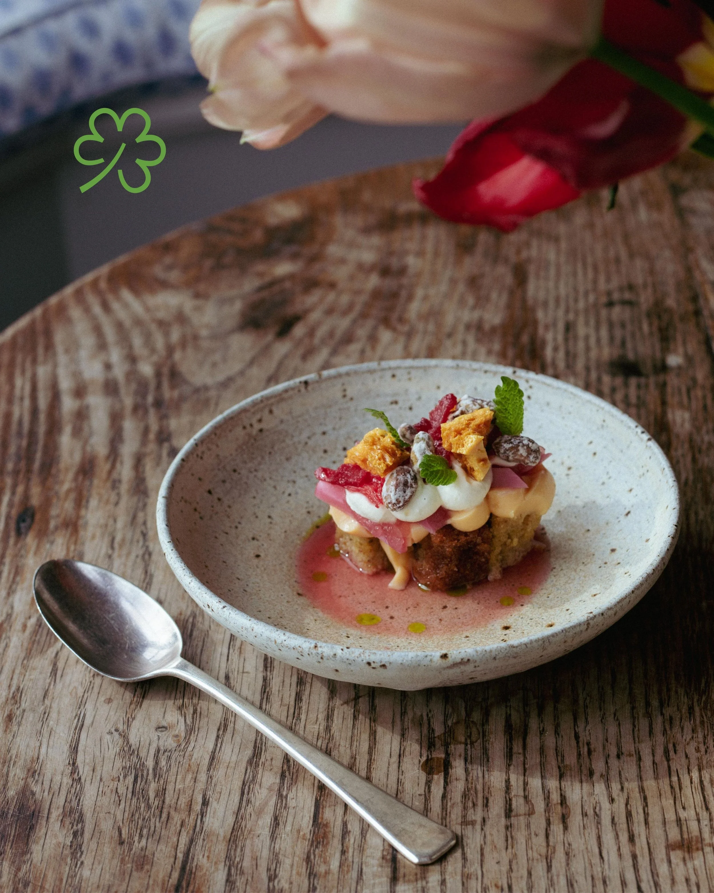 rhubarb trifle cardamom custard pistachio from Glebe House Michelin-star restaurant