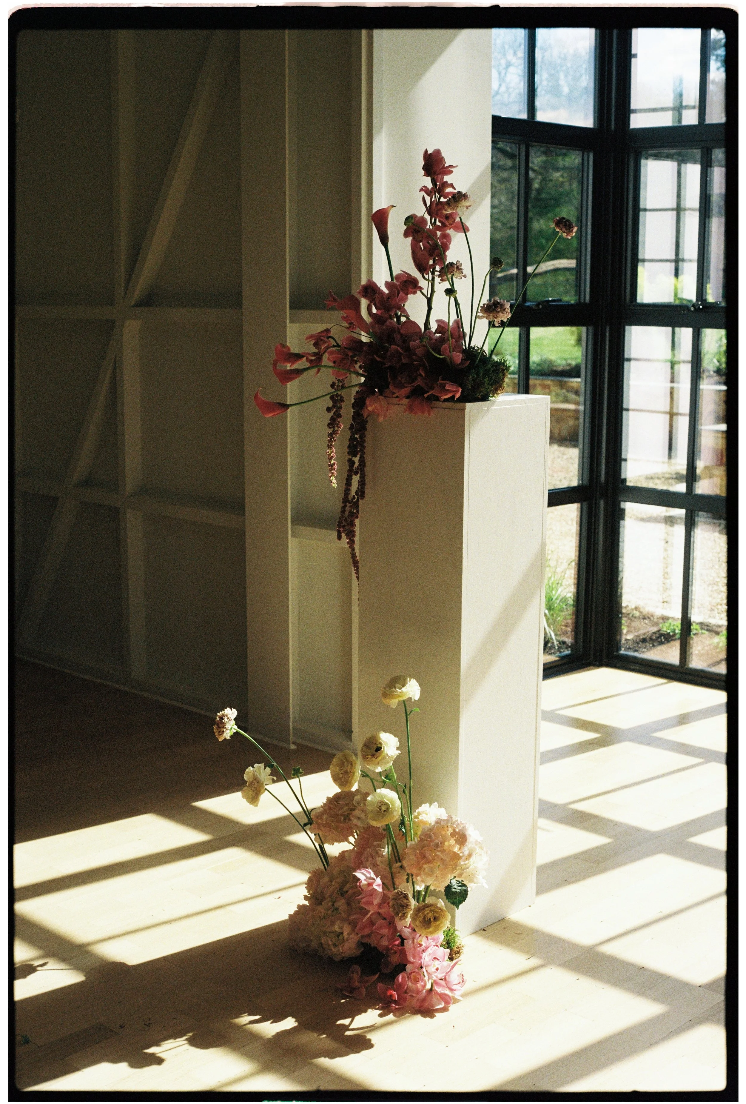 Sunlight streaming through black-framed windows illuminates pink and white floral arrangements inside a room with light-colored wooden flooring and built-in white shelves.
