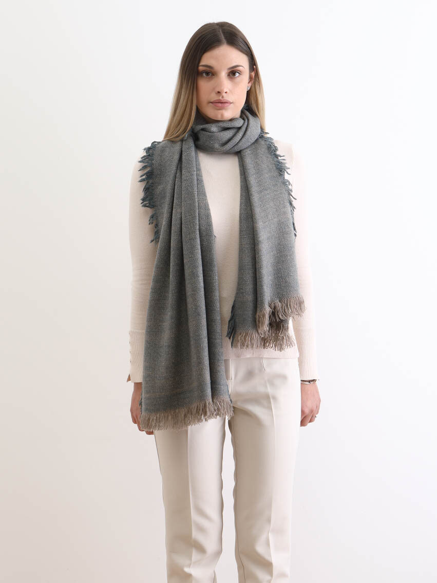 écharpe cachemire bleu et beige