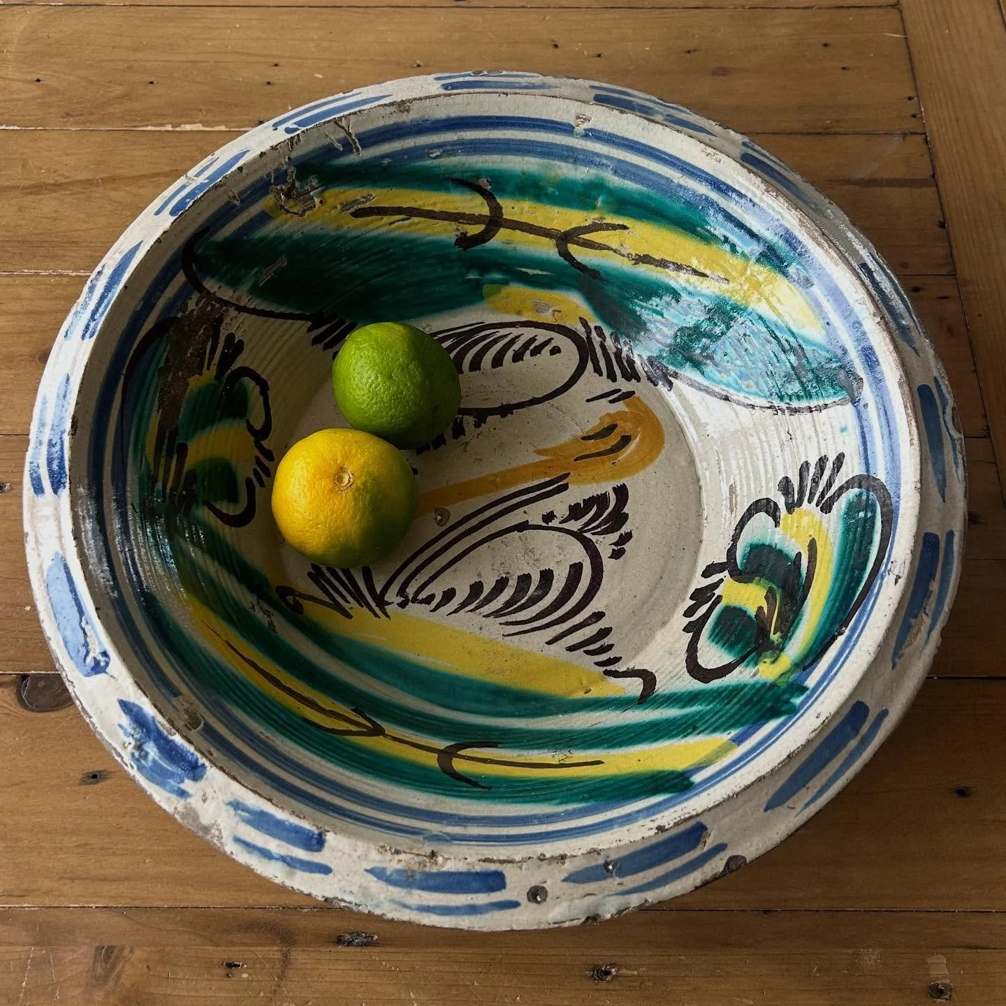 Early 19th century Spanish Lebrillo bowl from Triana, Seville. Wonderful colours. Wear and tear as seen but no structural damage. Diameter approximately 38cm, height 8/9cm 
&pound;350

#spanishantiques #spanishlebrillobowl #lebrillo #spanishpottery #