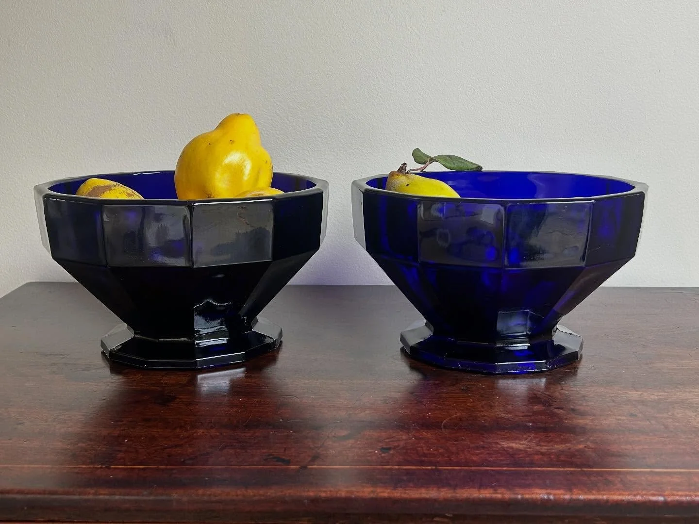 More blue and yellow. A pair of 20th century smart looking cobalt blue glass centrepiece bowls. Possibly Bristol blue. Art Deco in style, probably not in age. 
Very attractive and useful bowls 
Height 12cm, diameter 20cm
&pound;80 pair 

#bristolblue