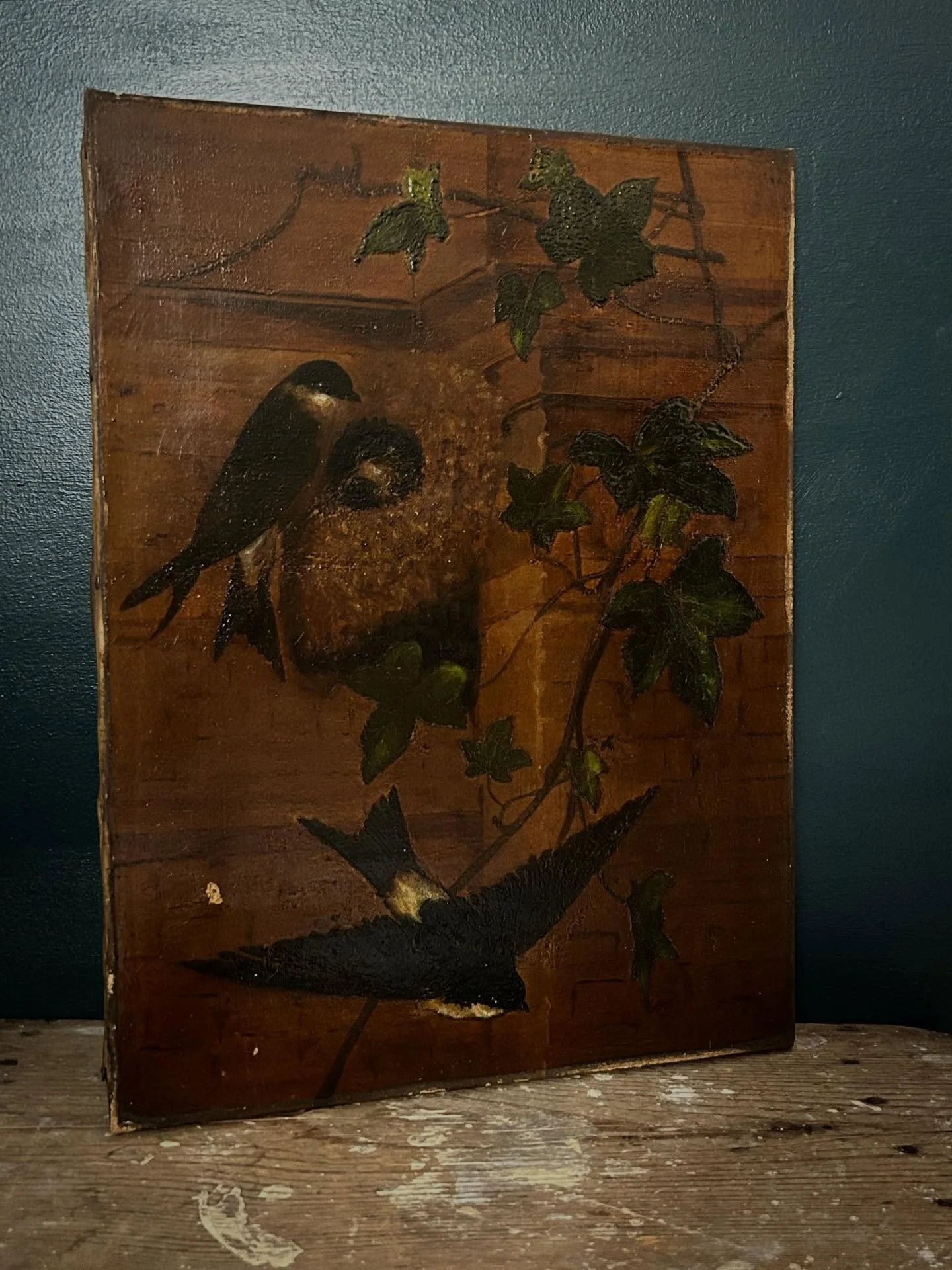 Lovely atmospheric and quite dark &lsquo;Swallows and Ivy&rsquo; oil painting on canvas c.1900, after Amalie M&aacute;nes (1817-1883) 
40x30cm
Good condition as seen, a small hole bottom left. 

&pound;110

#oil #painting #art #19thcenturyart #oilpai