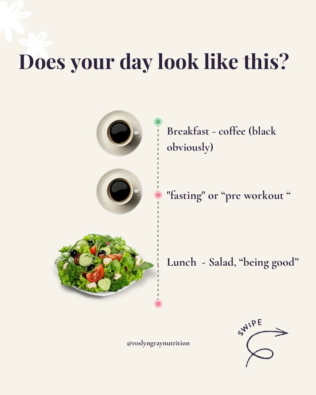 Reminder: coffee does not fuel you 
And skipping breakfast, pushing out lunch often leads to over eating later in the evening 
Maybe even a binge 
Because not only are you physically hungry but you are also at the end of your day and food soothes you