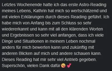 Text in deutscher Sprache über persönliche Erfahrungen mit Astro-Readings und Dankeschön.