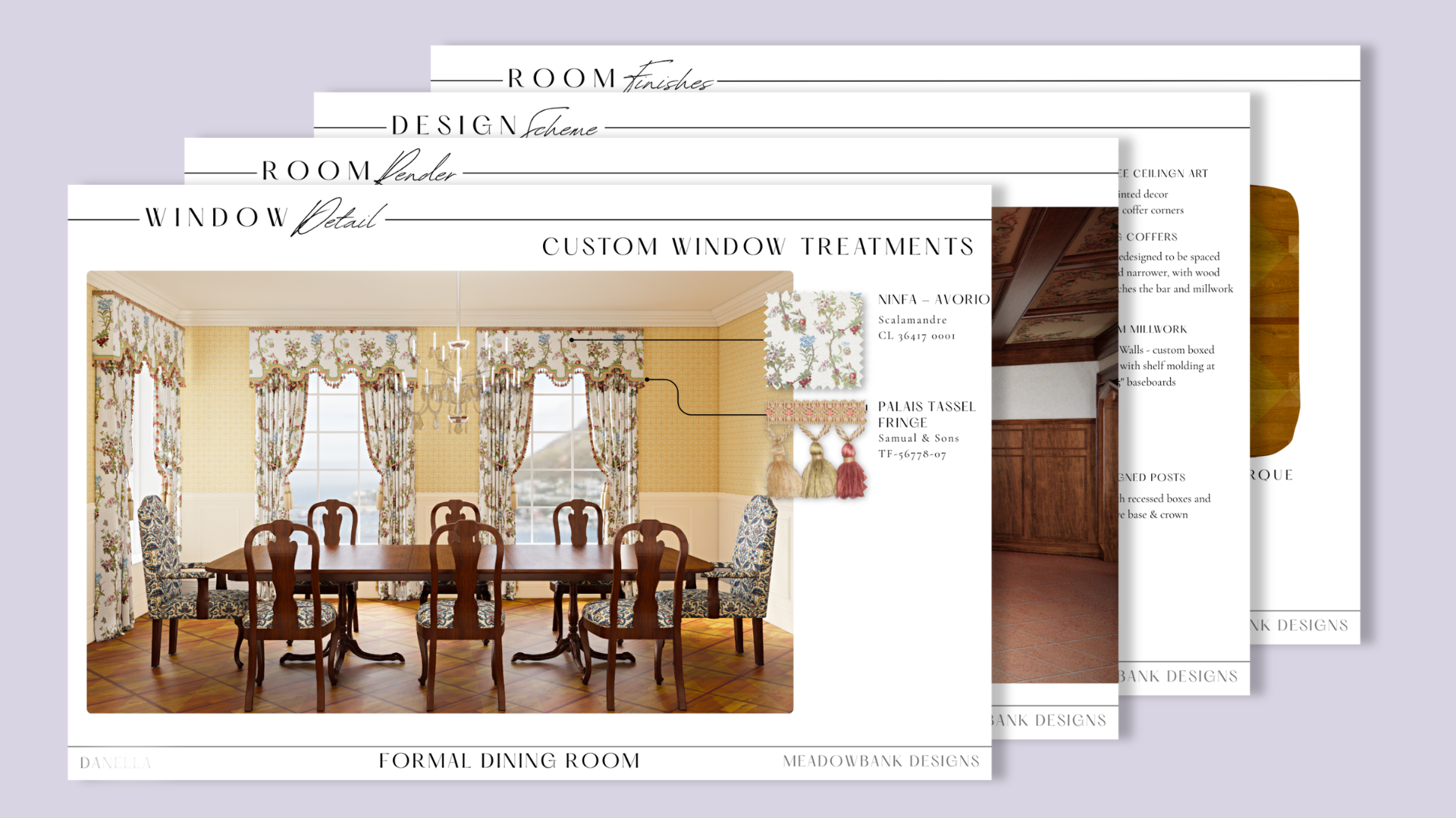 Interior design presentation documents showing coordinated floor plans, elevations, and design selections
