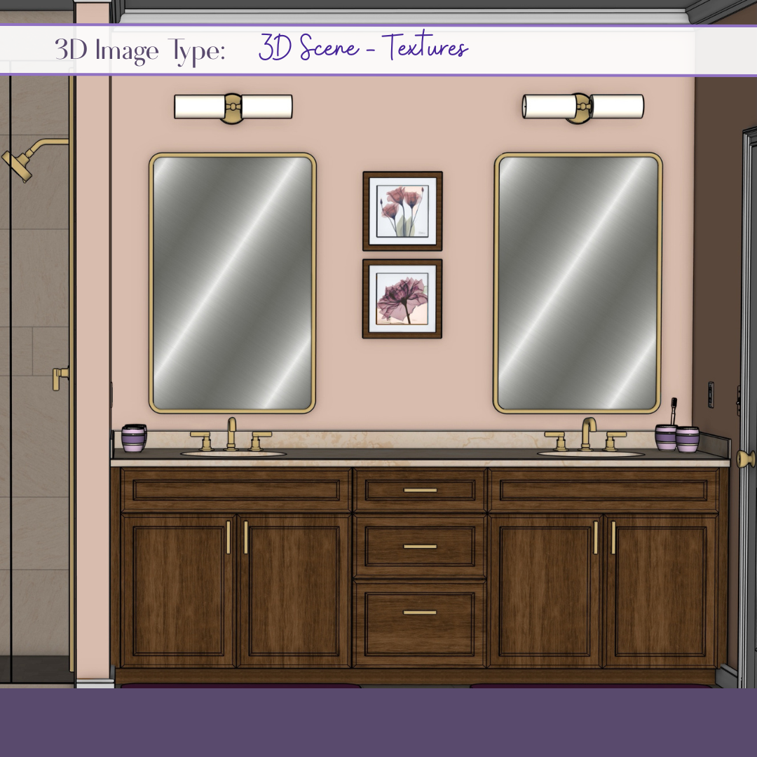  TEXTURES - 3D model shows colors and textures to indicate materials and finishes. No lighting or shadows. 