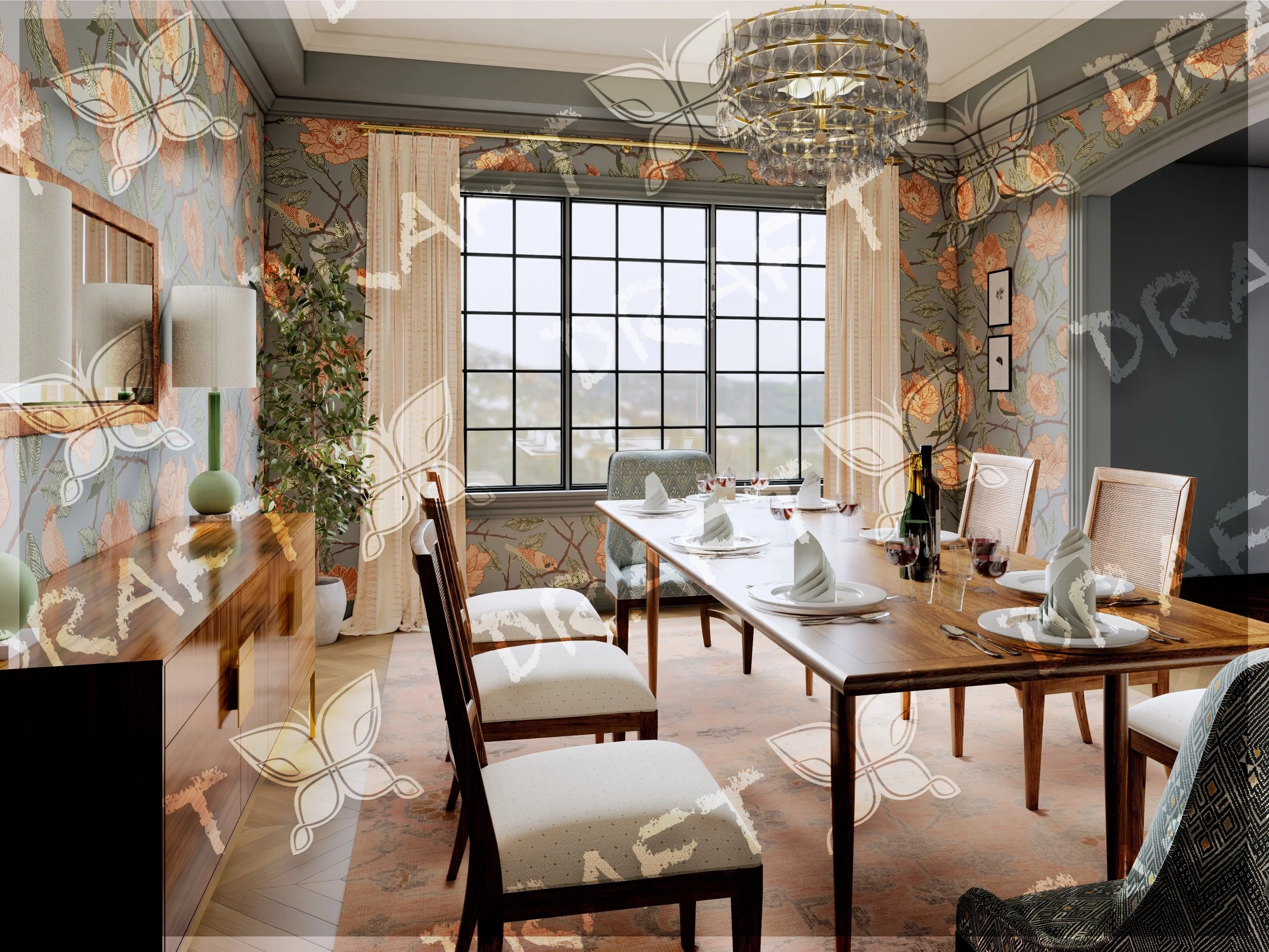 Photorealistic Dining Room Render with watermark