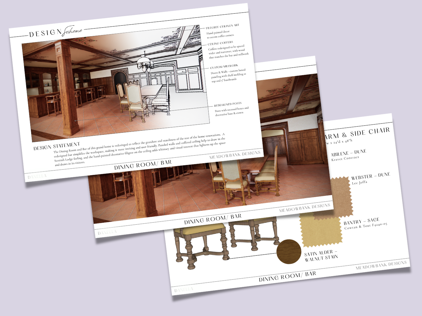 Professional interior design presentation pages showing floor plans, elevations, and material selections