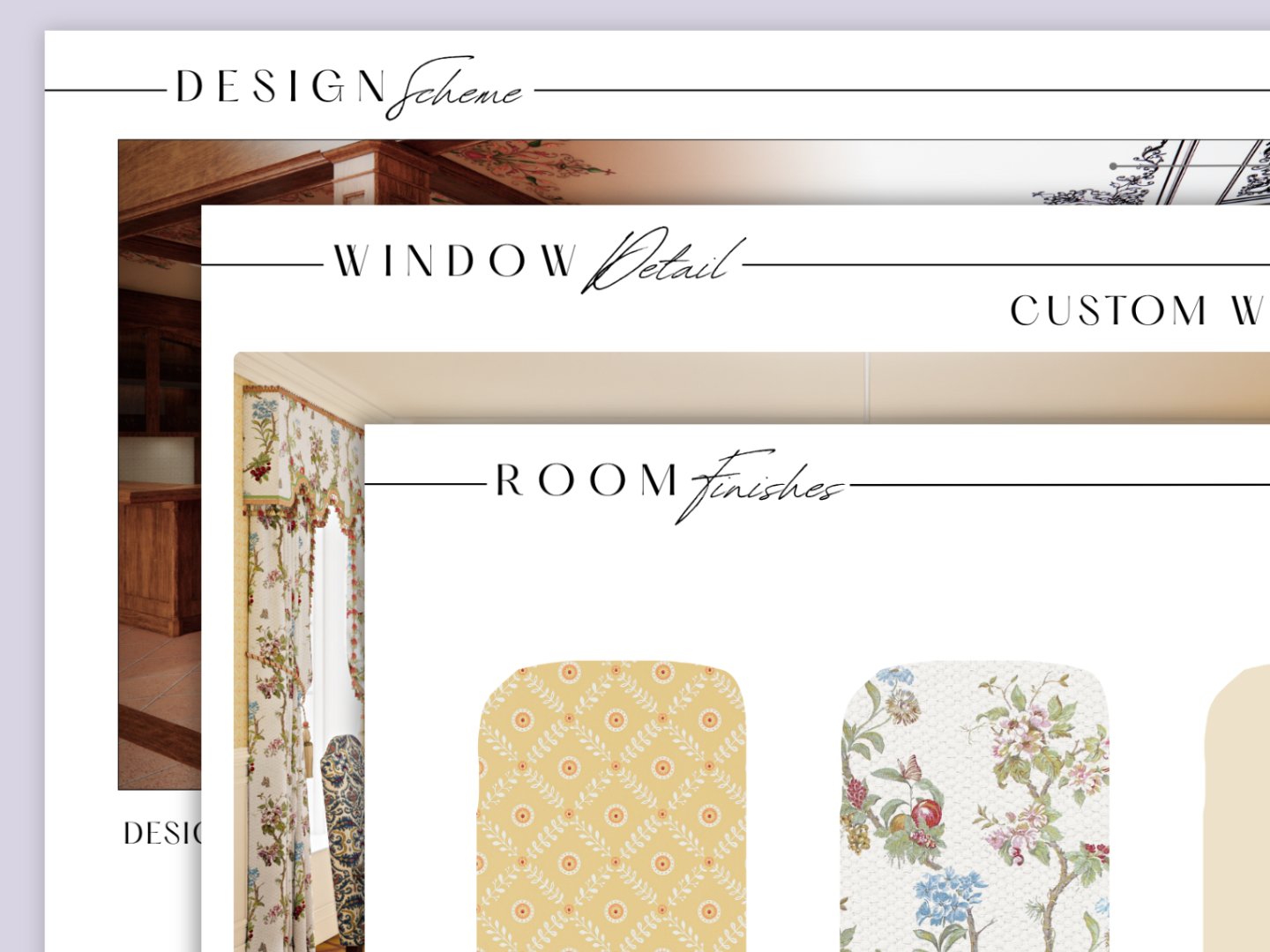 Interior design presentation pages showing consistent typography and layout across multiple documents