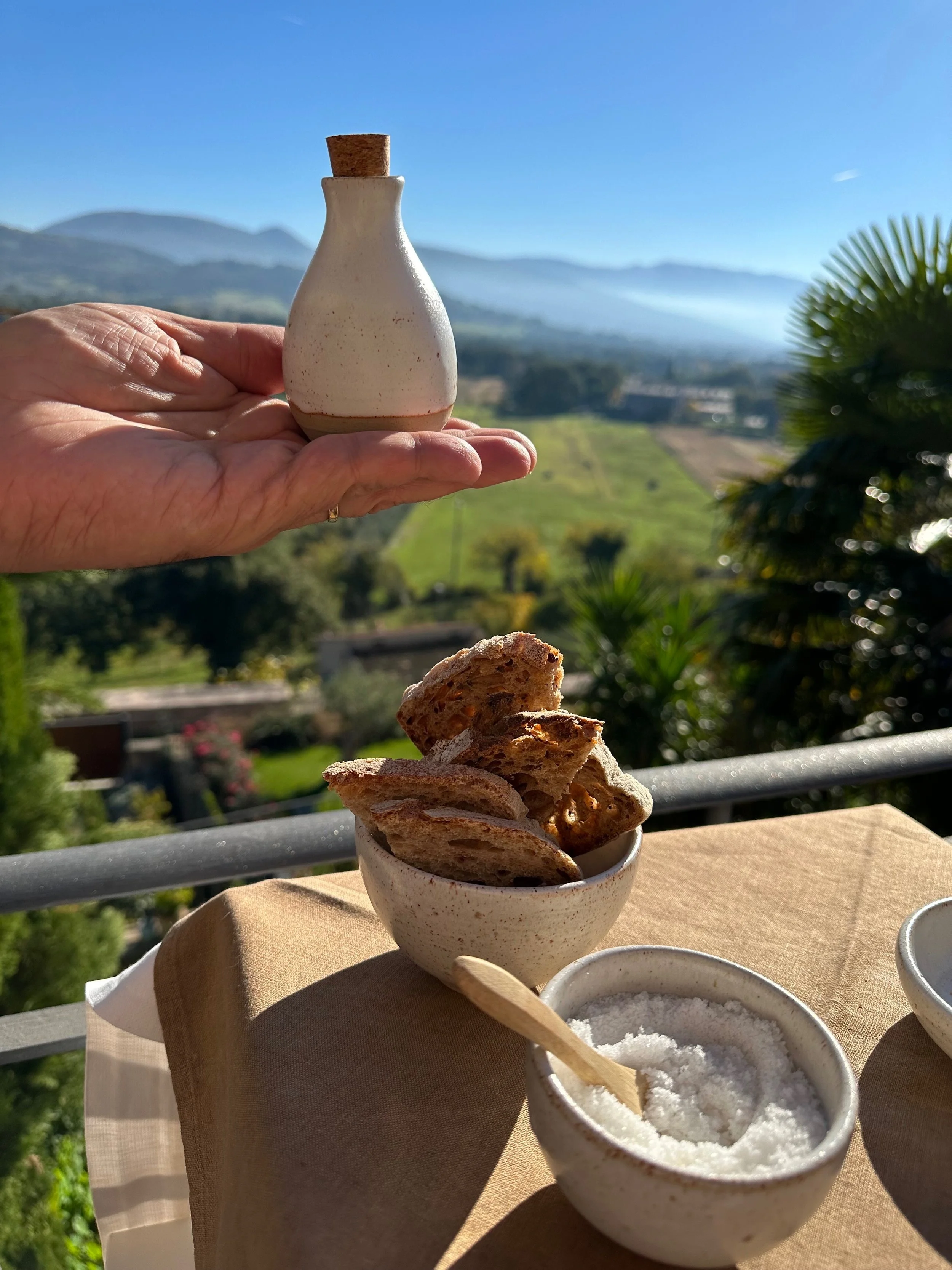 Artisan hand crafted one off decorative unique stoneware ceramic small vase salt cellar bowls glazed in a mottled beige high fired non toxic homemade non toxic glaze made in Umbria Italy