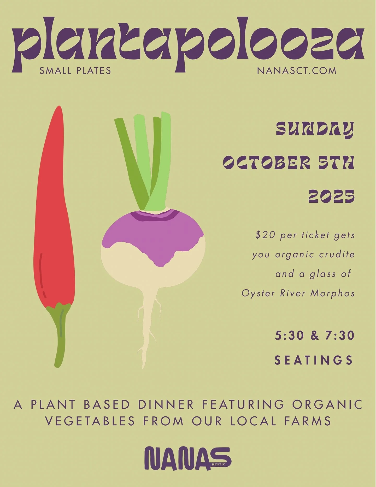 It&rsquo;s happening&hellip; PLANTAPOLOOZA 2! 🥕🍄&zwj;🟫🌽🫜🌶️ mark your calendars for October 5th, and get your tickets on our website: nanasct.com (🔗 in bio!) &mdash; we&rsquo;ll have a 5:30 and 7:30 seating, so plenty of room for everyone to ge