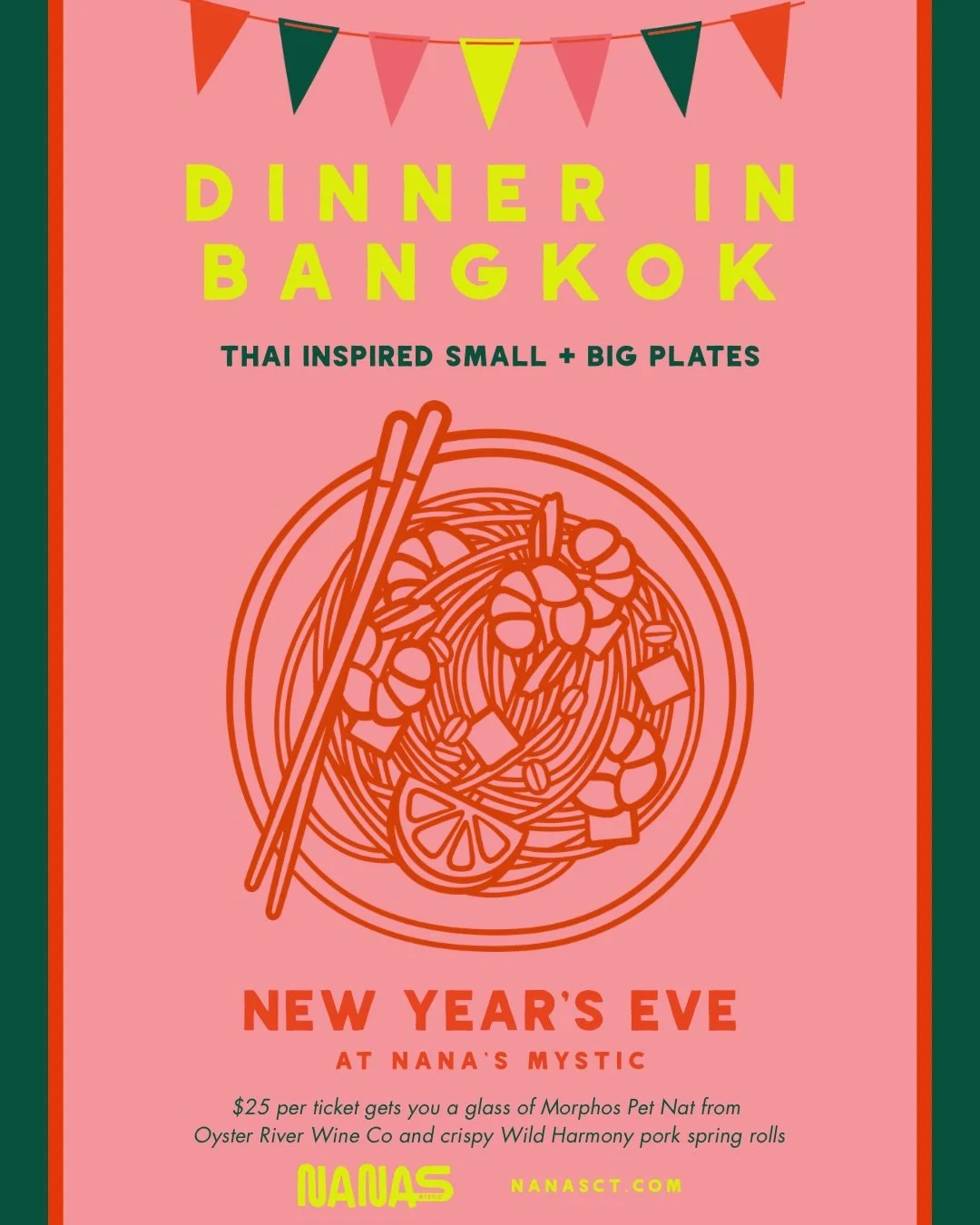 Ring in the New Year with Dinner in Bangkok here at Nana&rsquo;s Mystic! 🎏 on December 31st join us for dinner with two seatings, 5pm &amp; 7pm, and indulge in the fragrant flavors of Thailand! 

Each ticket purchased gets you a reservation, a glass