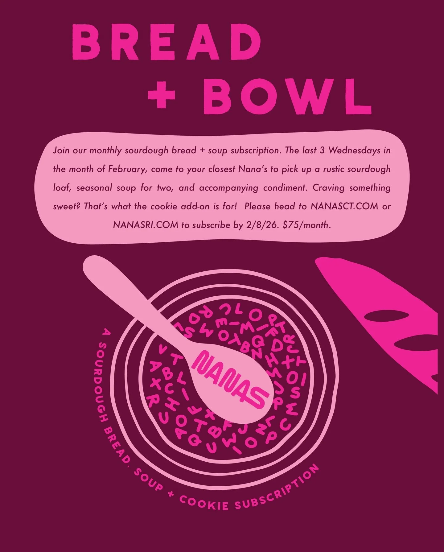 February Bread + Bowl is HERE for all you love birds! 🕊️💘 

Perfect for keeping your hearts warm and your bellies full, subscribe to our February Bread + Bowl on the website of your local Nana&rsquo;s by 2/8/26! 🍲🥖💘

As we&rsquo;ll be closed for
