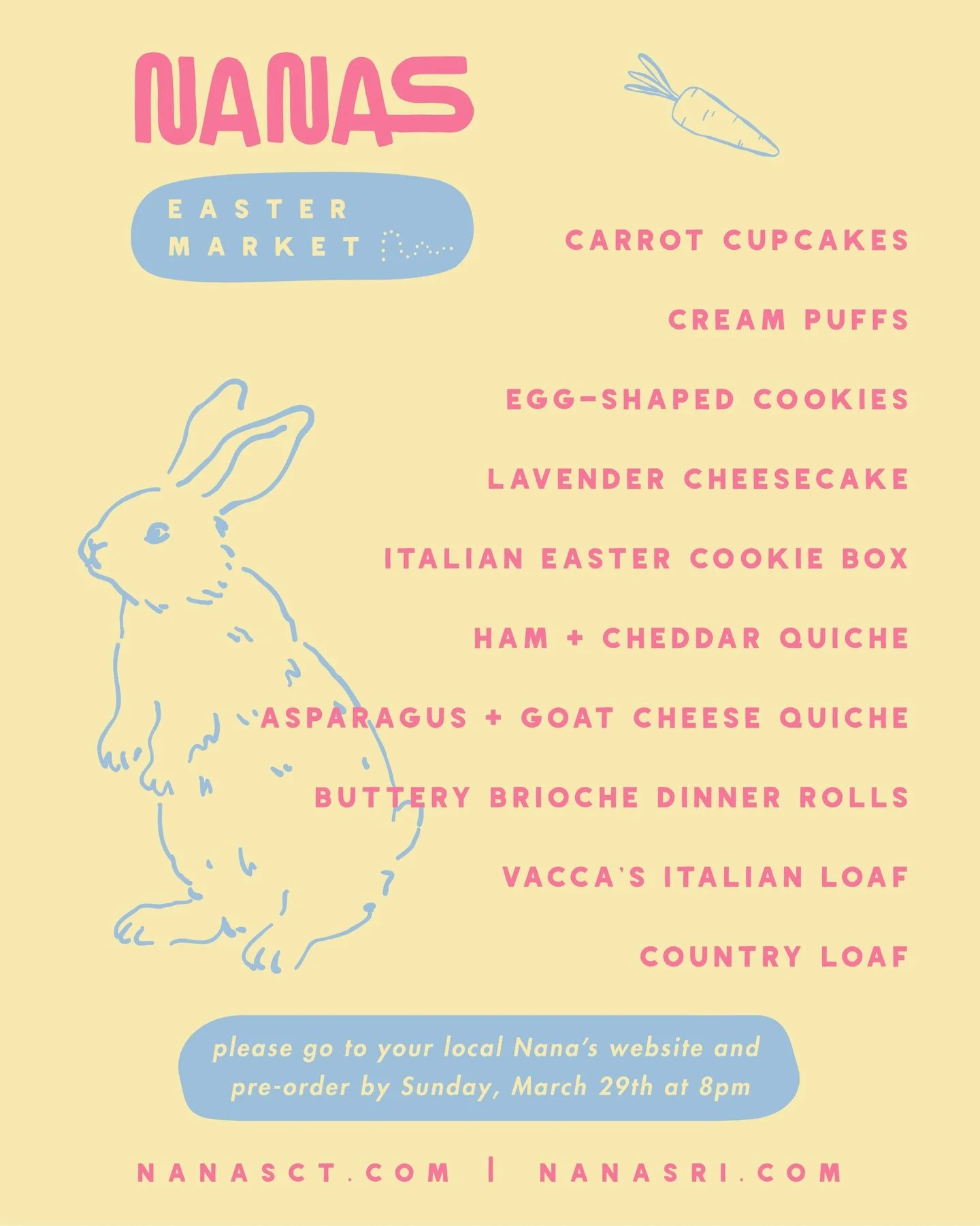 Our Easter Market is LIVE 🐣💐🐇 and we&rsquo;ve got some tasty new additions to the menu! (Hello, cream puffs!)

Take a peruse and then head to your local Nana&rsquo;s website to place your orders 🧁 nanasct.com // nanasri.com