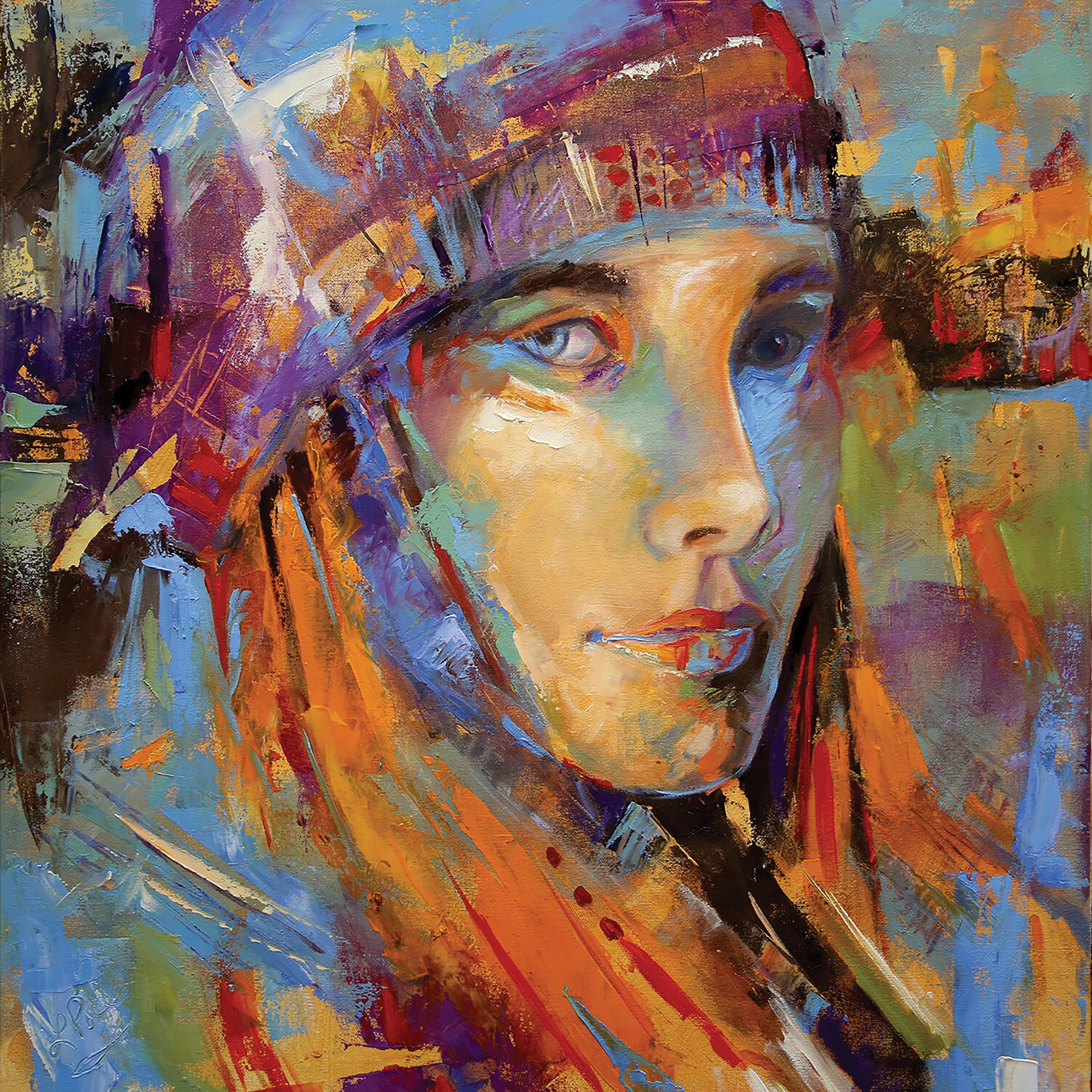 Abstract painting of a woman with long hair, featuring vibrant colors like orange, purple, blue, and red, with expressive brushstrokes.