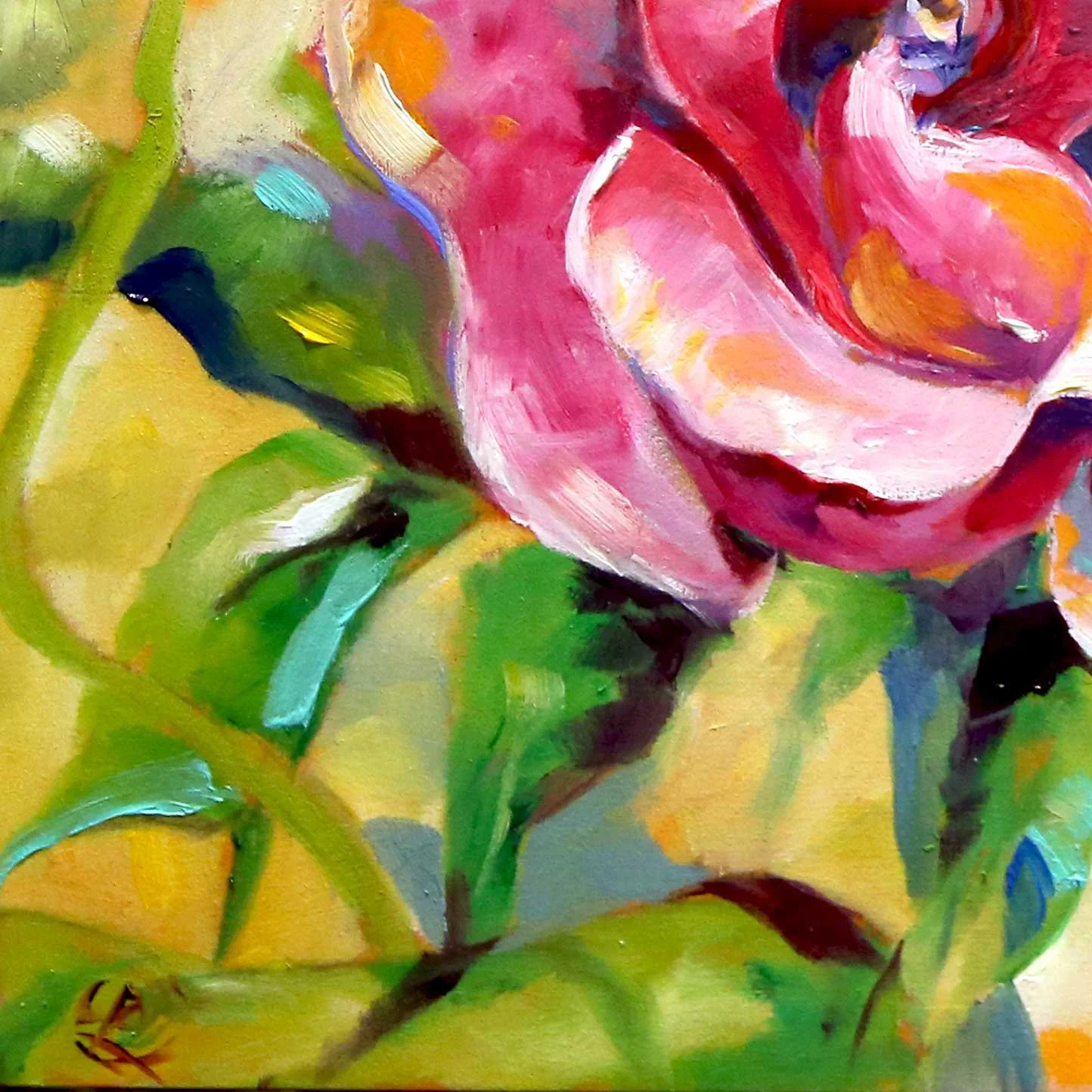 Elle Pace painting of Iris Rose First Pink Rose in bright Sunlight