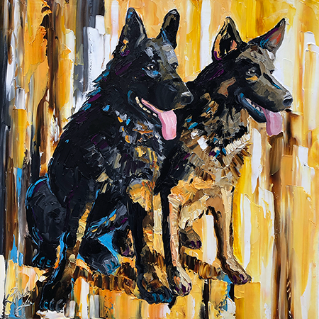 Painting of two German Shepherd dogs sitting side by side in front of a yellow and brown background.
