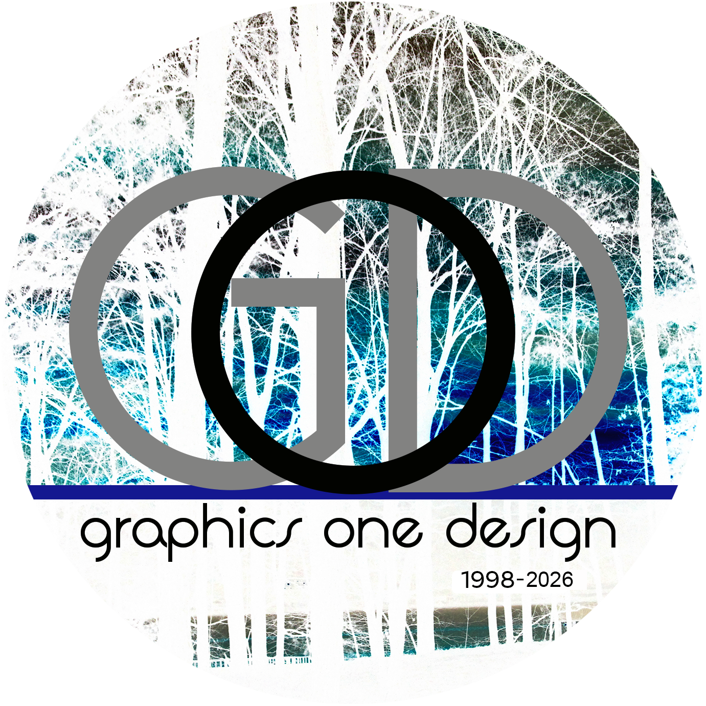 A logo featuring a background of white and blue trees with a black, gray, and blue circular design in the foreground. Below the image, the text reads 'graphics one design' with the years '1998-2026'.