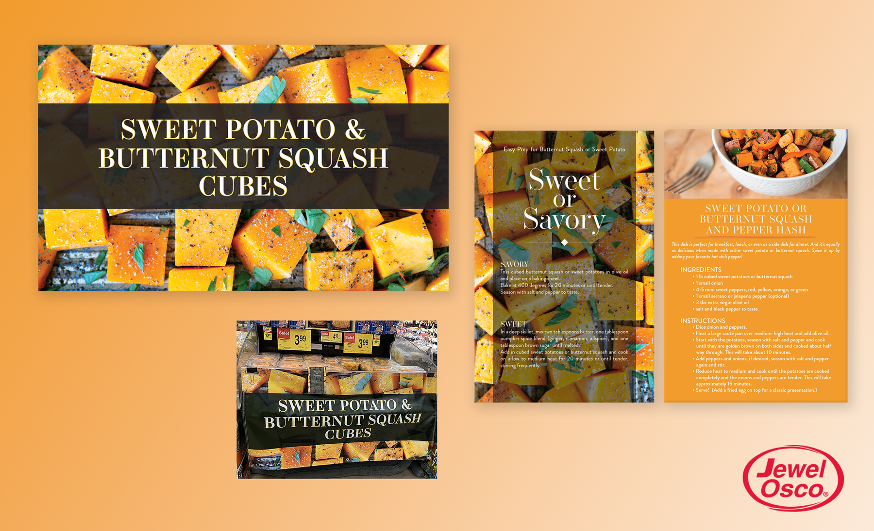 In-store campaign design for Jewel grocery stores. Focus on seasonal vegetables with banner and recipe card.