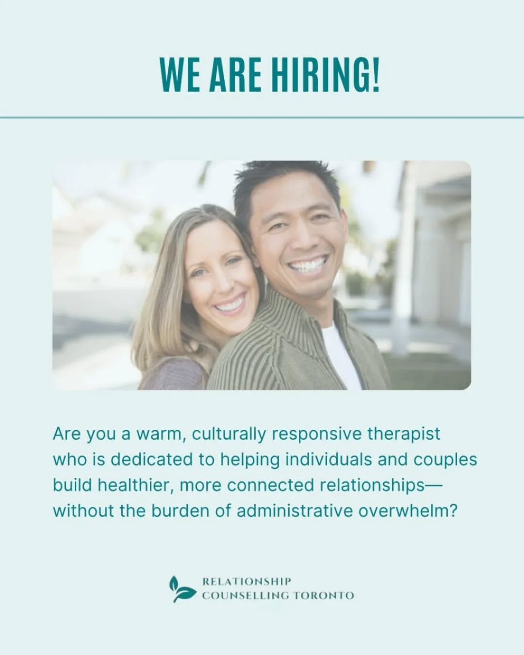 Are you a warm, culturally responsive therapist who is dedicated to helping individuals and couples build healthier, more connected relationships&mdash;without the burden of administrative overwhelm?

Relationship Counselling Toronto is a boutique-st
