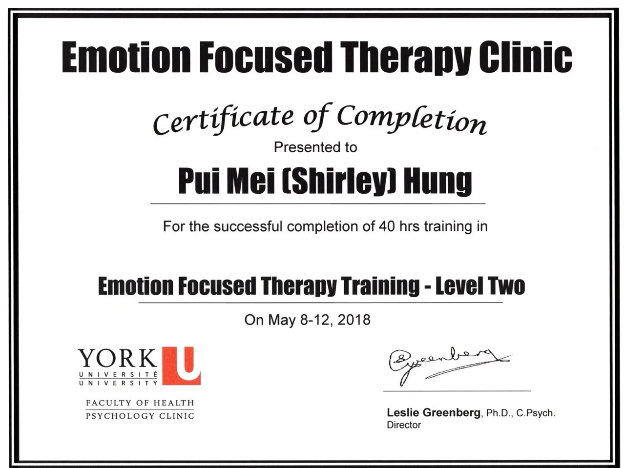 Shirley Hung - Emotion Focused Therapy Level Two - Certificate of Completion - York University - May 2018