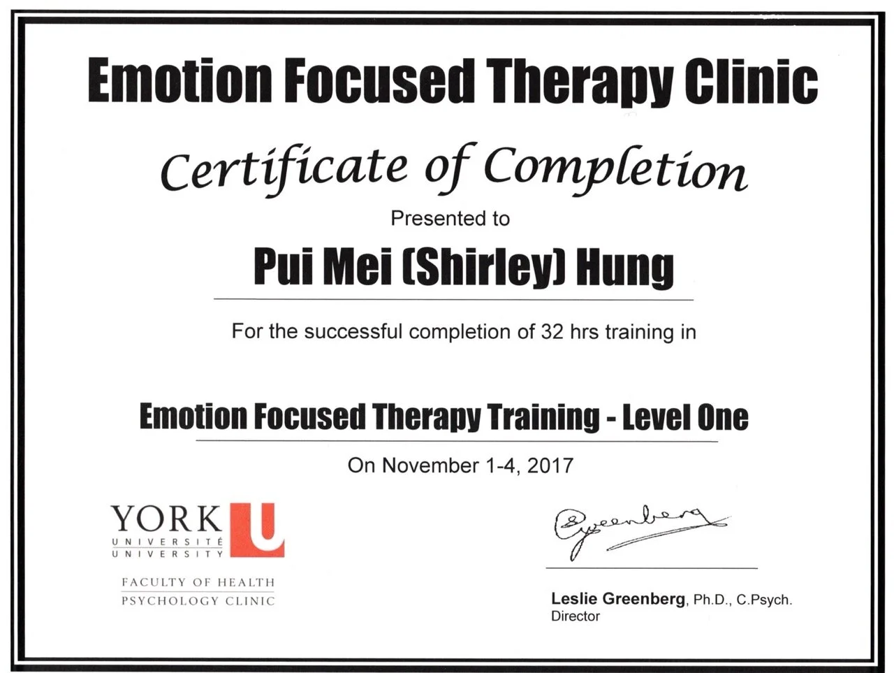 Shirley Hung - Emotion Focused Therapy Level One - Certificate of Completion - York University - November 2017