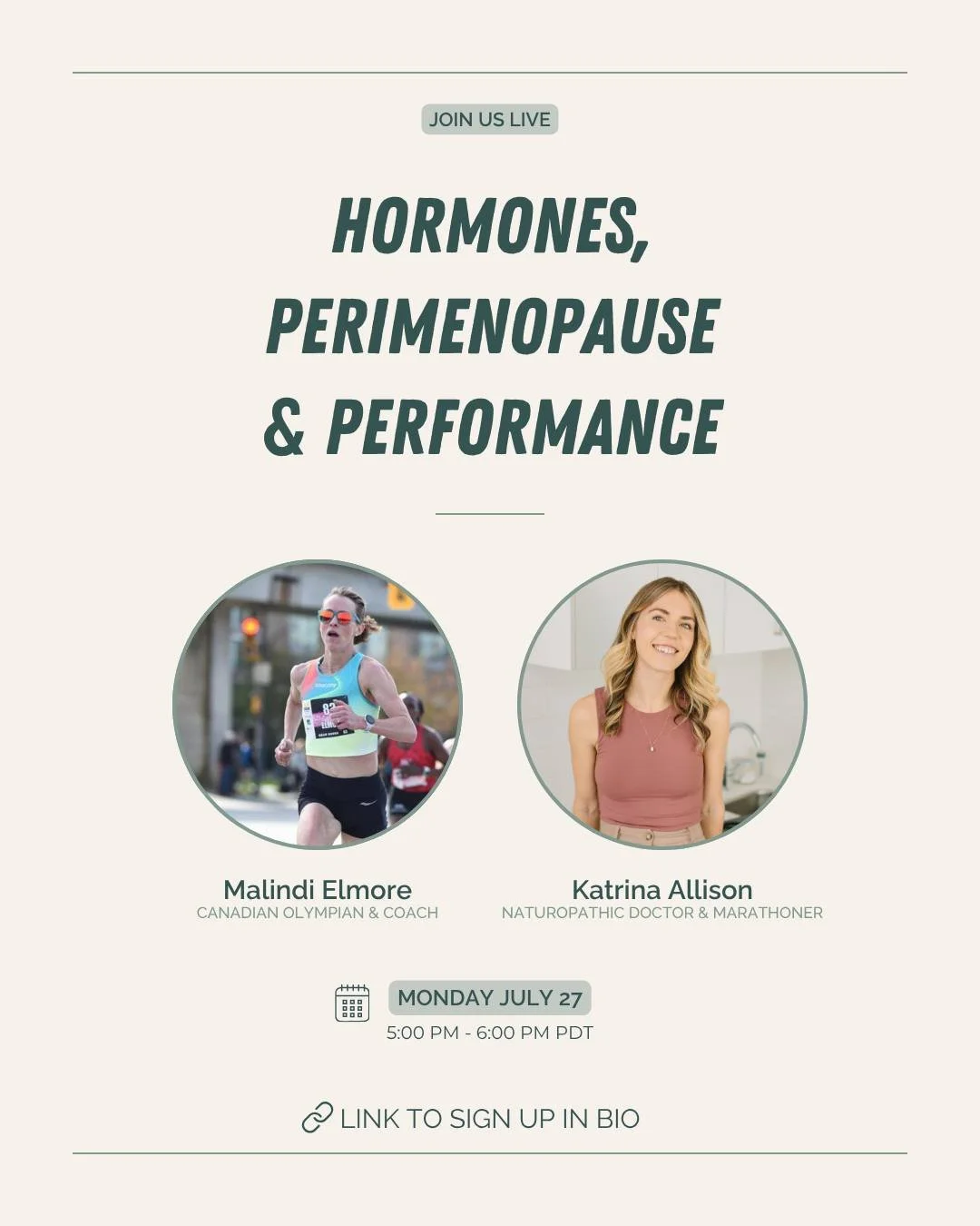 🗓️ Join us on Monday!

What happens when your peak athletic years and perimenopause collide? 💥 

👉️ We're here to talk about it. 

I can't wait for this honest conversation with Canadian Olympian and Coach @malindielmore

Malindi is well known for