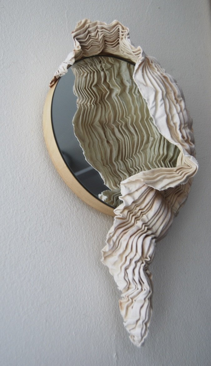 Victoria /
8" W x 14" H x 4 1/2" D /
Arashi Shibori Pleated Canvas, Acrylic Paint, Archival Adhesive, Mirror, Wood (2023) / Inquire for pricing
