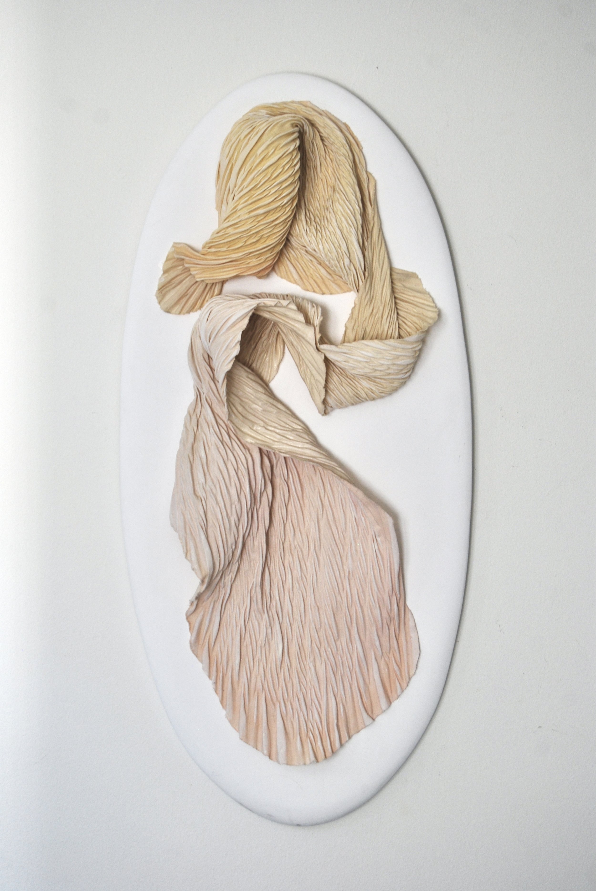 Bloom /
13 1/2" W x 27 1/4" H x 5" D /
Arashi Shibori Pleated Cotton, Acrylic Paint, Archival Adhesive, Wood (2024) / Inquire for pricing