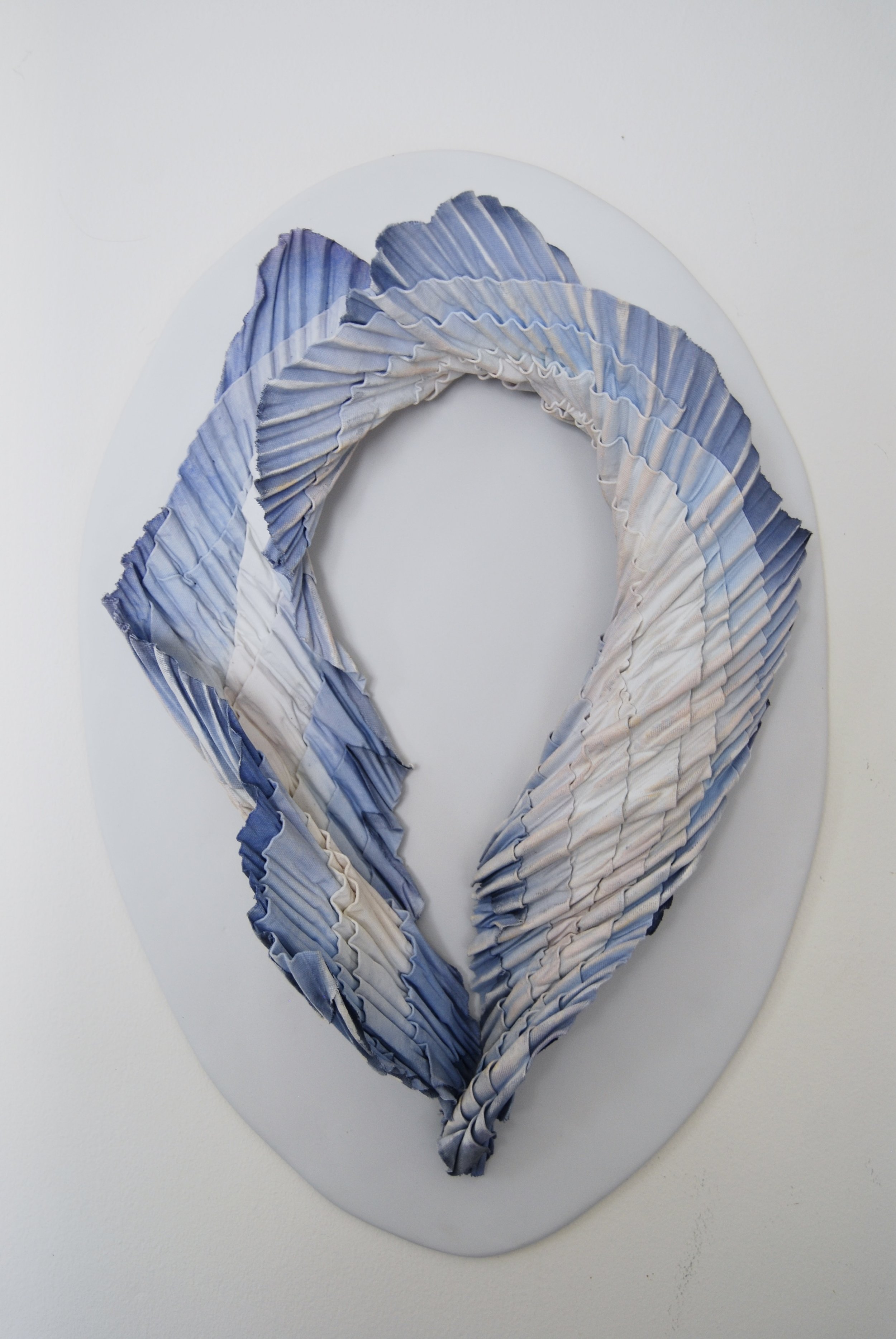 Blue Ridge /
15" Wx23" Hx6 1/2" D /
Arashi Shibori Pleated Canvas, Acrylic Paint, Archival Adhesive, Epoxy, Wood (2024) / Inquire for pricing