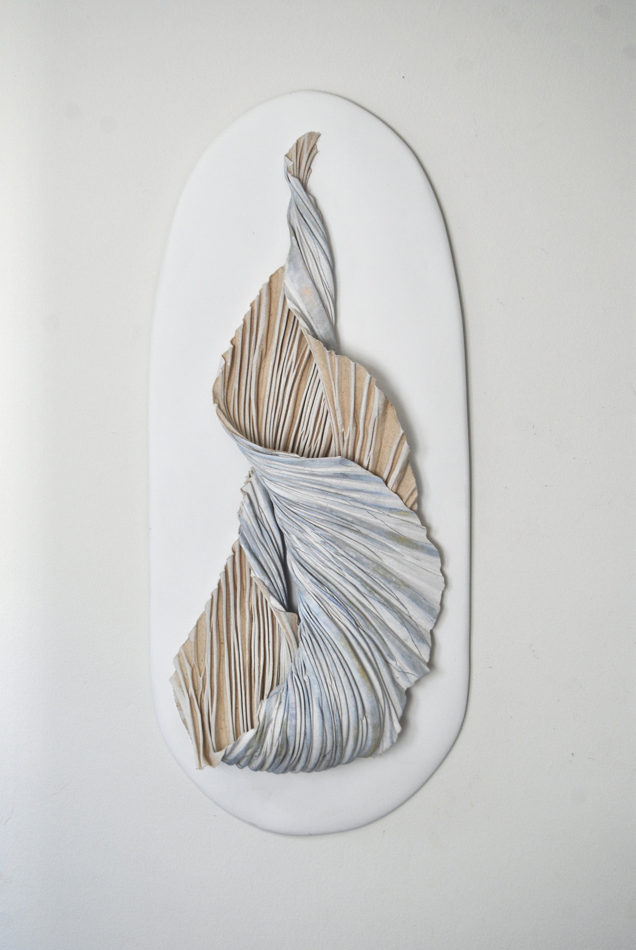 Wanda /
12 1/4" W x 27 1/2" H x 6" D /
Arashi Shibori Pleated Canvas, Acrylic Paint, Archival Adhesive, Resin, Wood (2024) / Inquire for pricing
